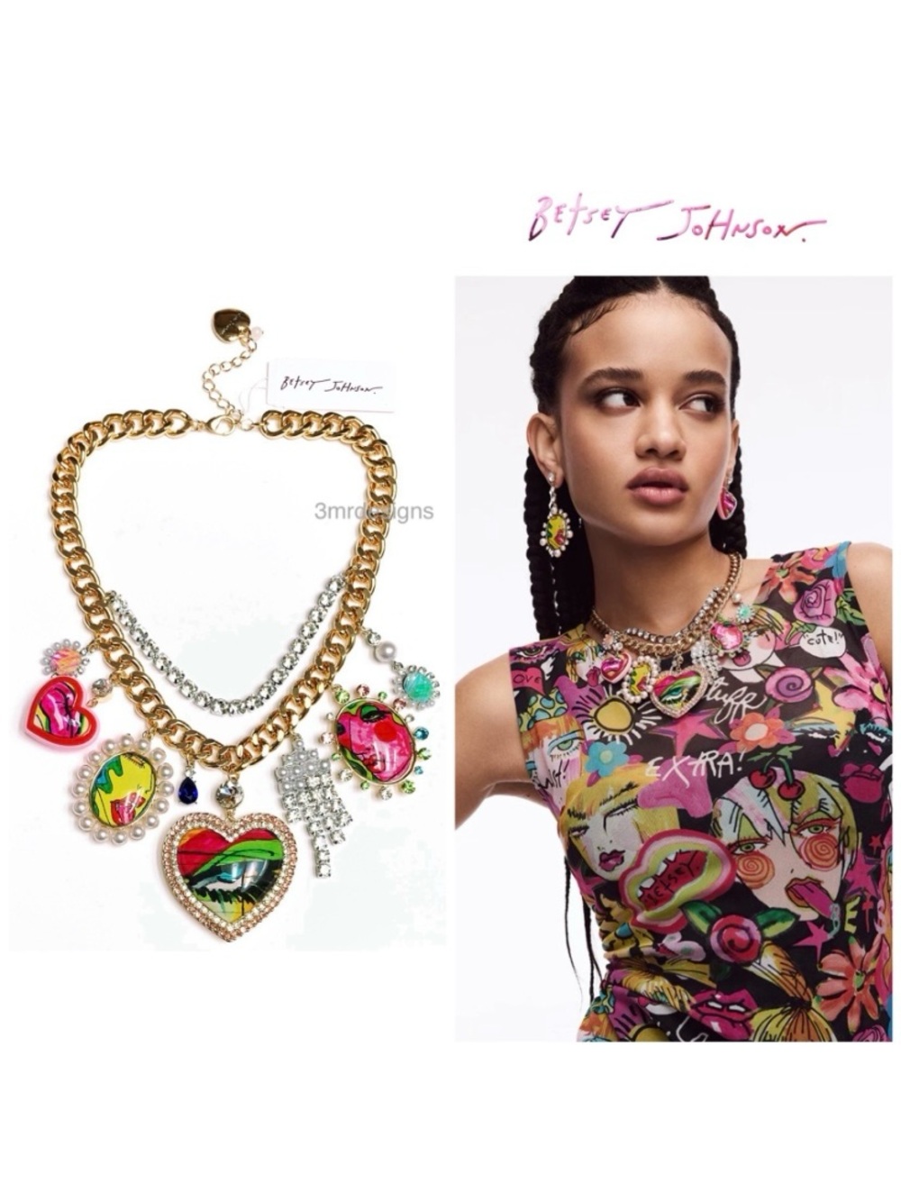 NWT Betsey Johnson 💋Exclusive ART CAMPAIGN CHARM Gold Tone Statement Necklace